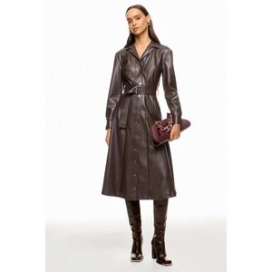 Eudon Choi Dark Brown Faux Leather Belted Midi Shirt Dress Size 6